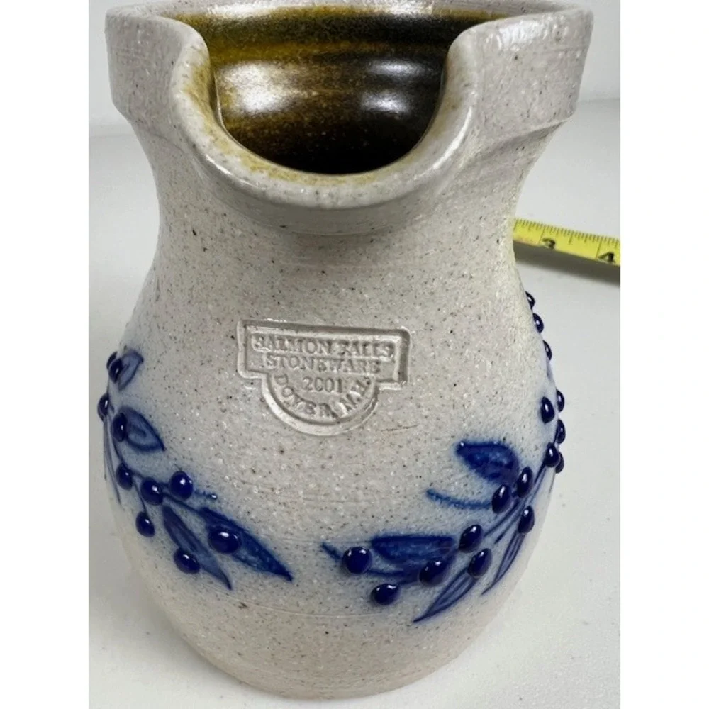 Salmon Falls Stoneware 2001 Small Pitcher Creamer Blue Berry Vine Salt Glazed NH